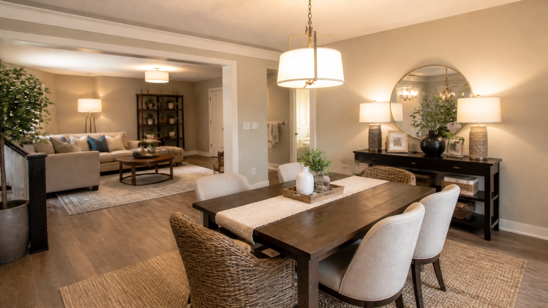 Neutral furnished dining and lounge area with warm light and practical amenities