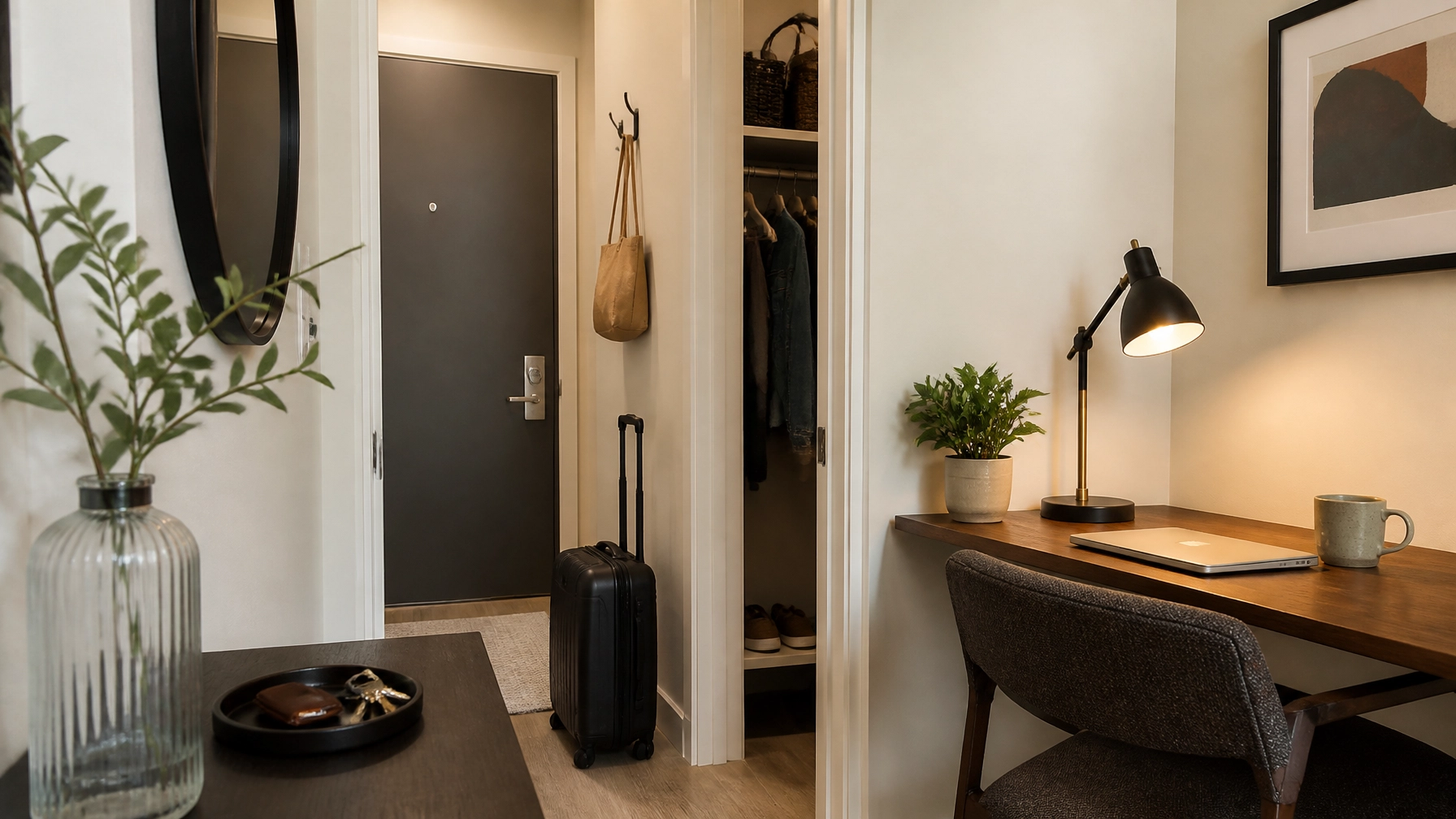 Clean furnished entryway and workspace corner with subtle hospitality details