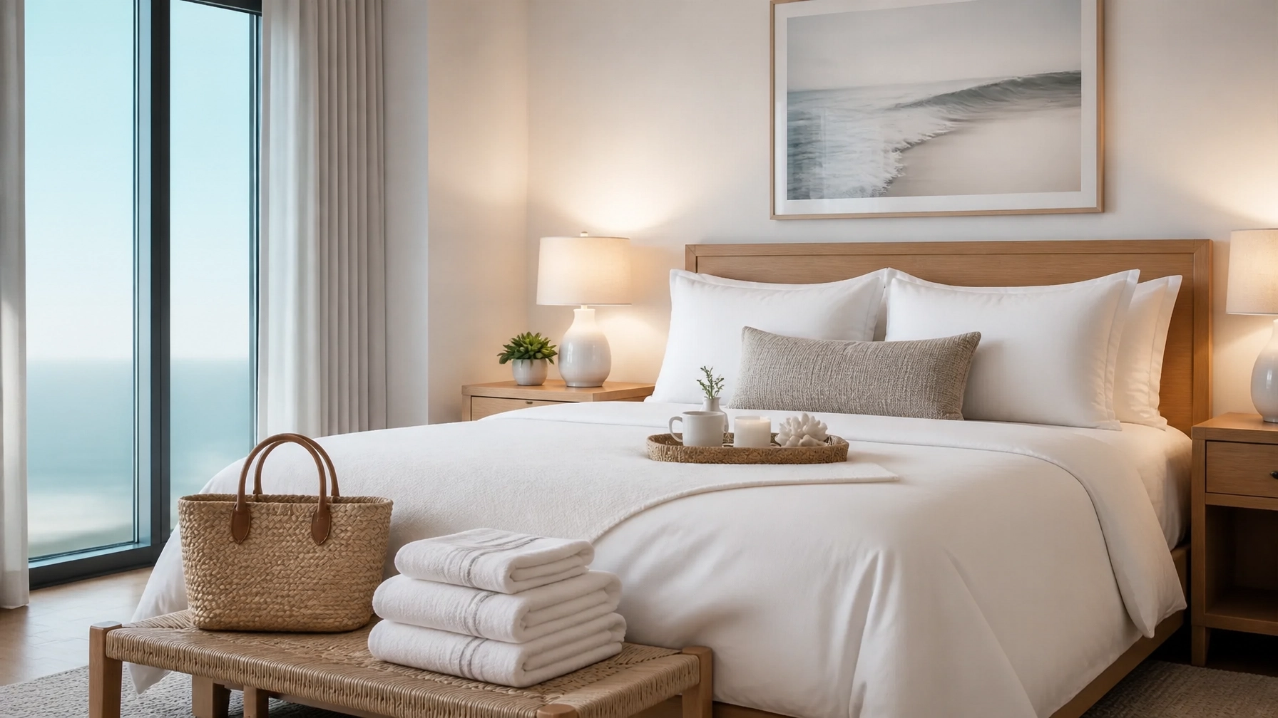 Elegant guest bedroom prepared for a winter-sun arrival with neutral coastal details