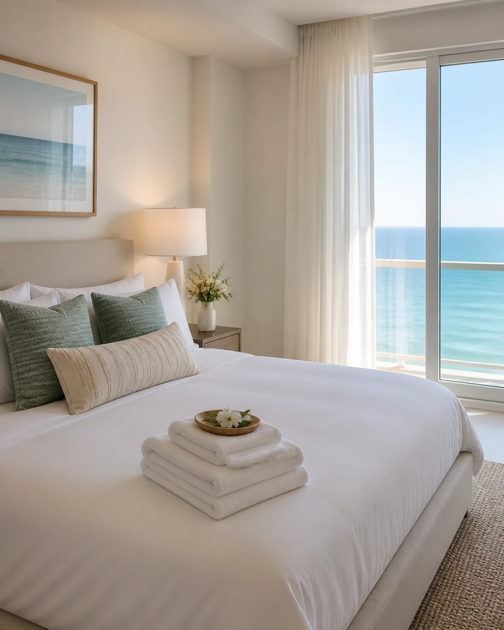 Guest-ready bedroom with neutral coastal styling and hospitality details