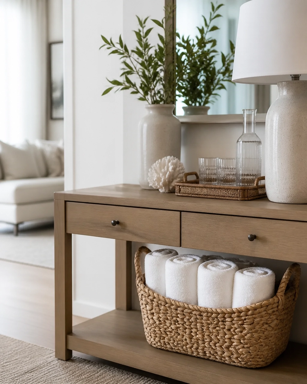 Organized entryway and guest amenity station in a polished Florida property