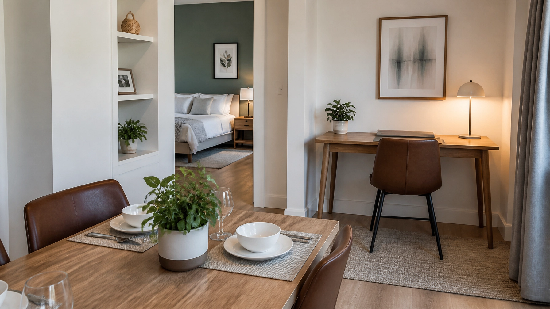 Neutral furnished dining and workspace area in a polished stay setting