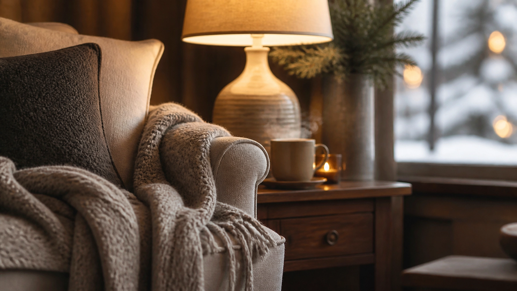 Cozy winter-inspired hospitality interior with seasonal textures